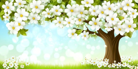 Spring Blossoms White Flower Tree in Sunny Meadow Nature Background Illustration
