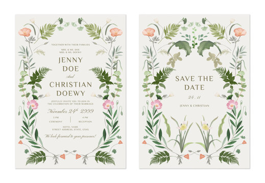 wedding invitation and save the date template set of whimsical floral motif with a variety of flowers and leaves arranged in a circular frame on a brown background, adding a fairytale-like atmosphere