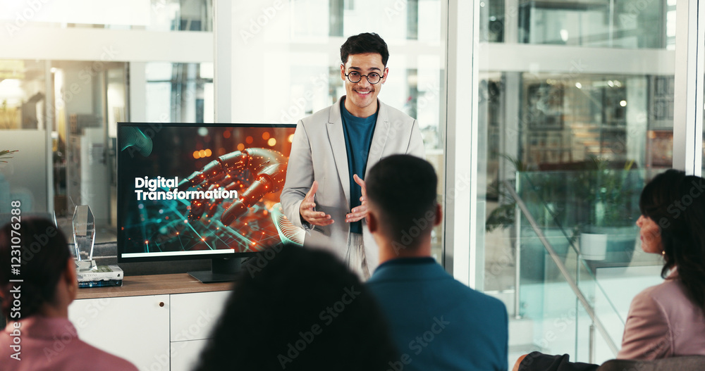 Leinwandbilder presentation, digital transformation and man in office for meeting, tradeshow and seminar. public sp