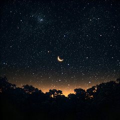 Serene Night Sky with Crescent Moon and Twinkling Stars over Forest Landscape