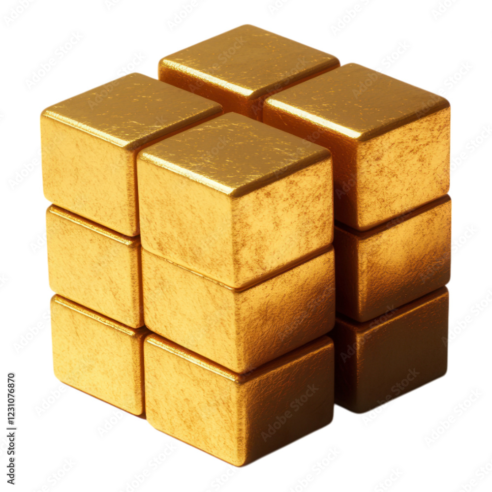 Poster golden abstract cubes casting shadows, transparent background, modern design element, ideal for digi