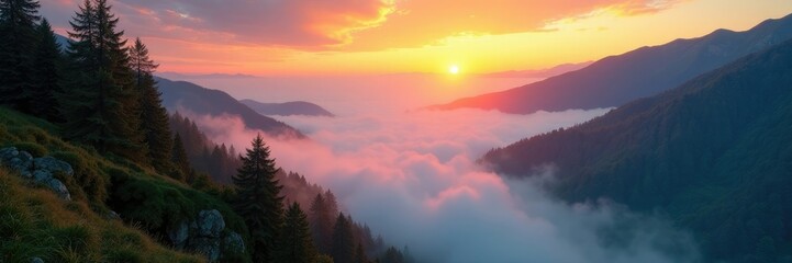 Misty veil shrouds falls as morning sun peeks, nature, sunrise, mountain