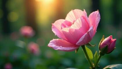 Obraz premium Morning dew glistening on delicate flower petals, blossoms, forest photography