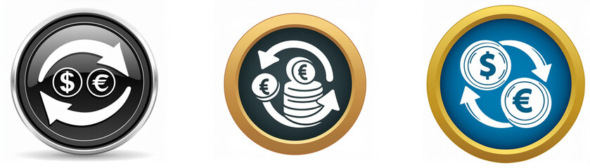 Three circular icons depict currency exchange.  Arrows symbolize the conversion process between different monetary units.