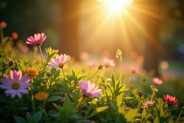 Morning sunbeams dance through a garden of flowers, , sunlight, sunlight filter