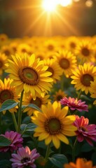 Obraz premium Morning sunlight illuminates a bed of colorful flowers, flowers background, sunflower, flower field
