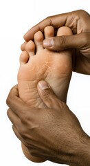 Fototapeta premium Close Up Of Hands Examining Foot With Dry, Scaly Skin Condition