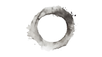Round gray watercolor stain on transparent background creating copy space