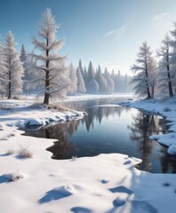 Obraz premium Snowy winter landscape with a frozen lake and snow-covered trees , winter, frosty, landscape