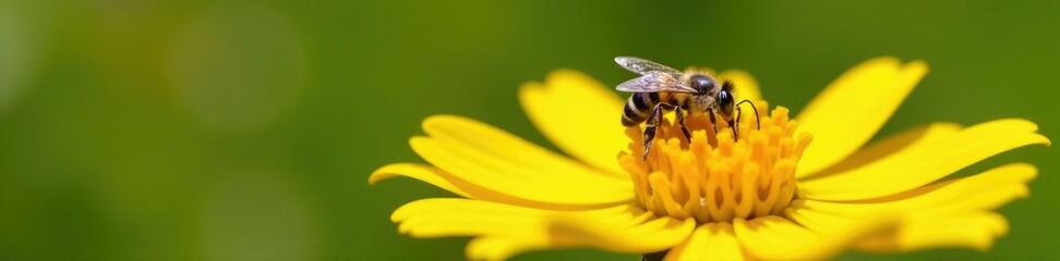 Small bee lands on bright yellow flower, collecting nectar, bees, insects, nature