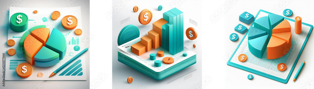 Poster three isometric illustrations depict financial data using pie charts, bar graphs, and columns. the d