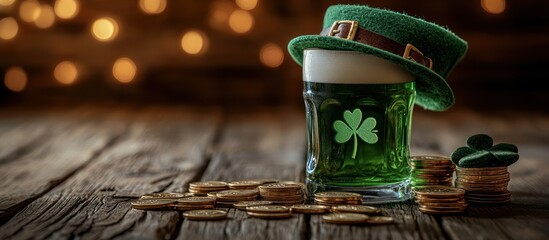 Green beer, leprechaun hat, gold, bokeh