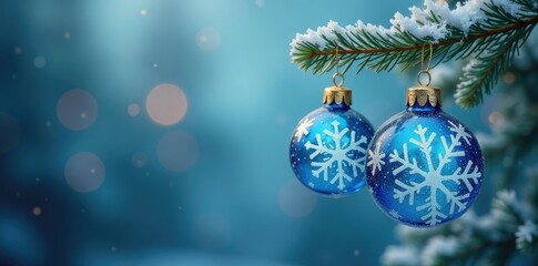 Snowflake-patterned glass ornaments hang from a frosty Christmas tree branch, festive, icy blue