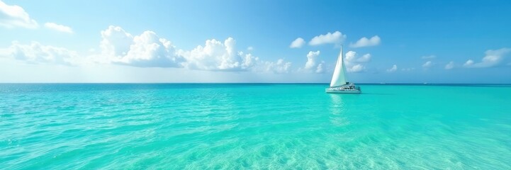 Obraz premium Teal and turquoise waters with sailboat in the distance, big, teal