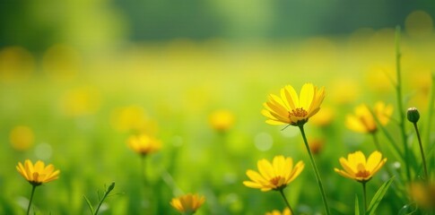 The gentle breeze rustles the delicate yellow petals of the wildflowers, grass, blooms, wildflowers