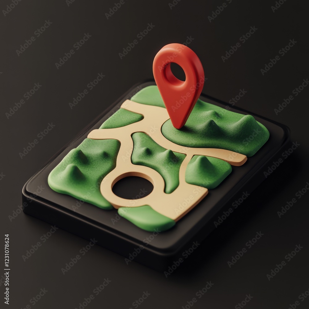 Poster 3d rendered map icon with location pin on dark background.