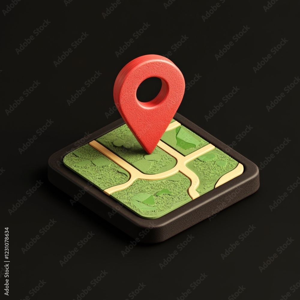 Poster 3d isometric map icon with red location pin on dark background.