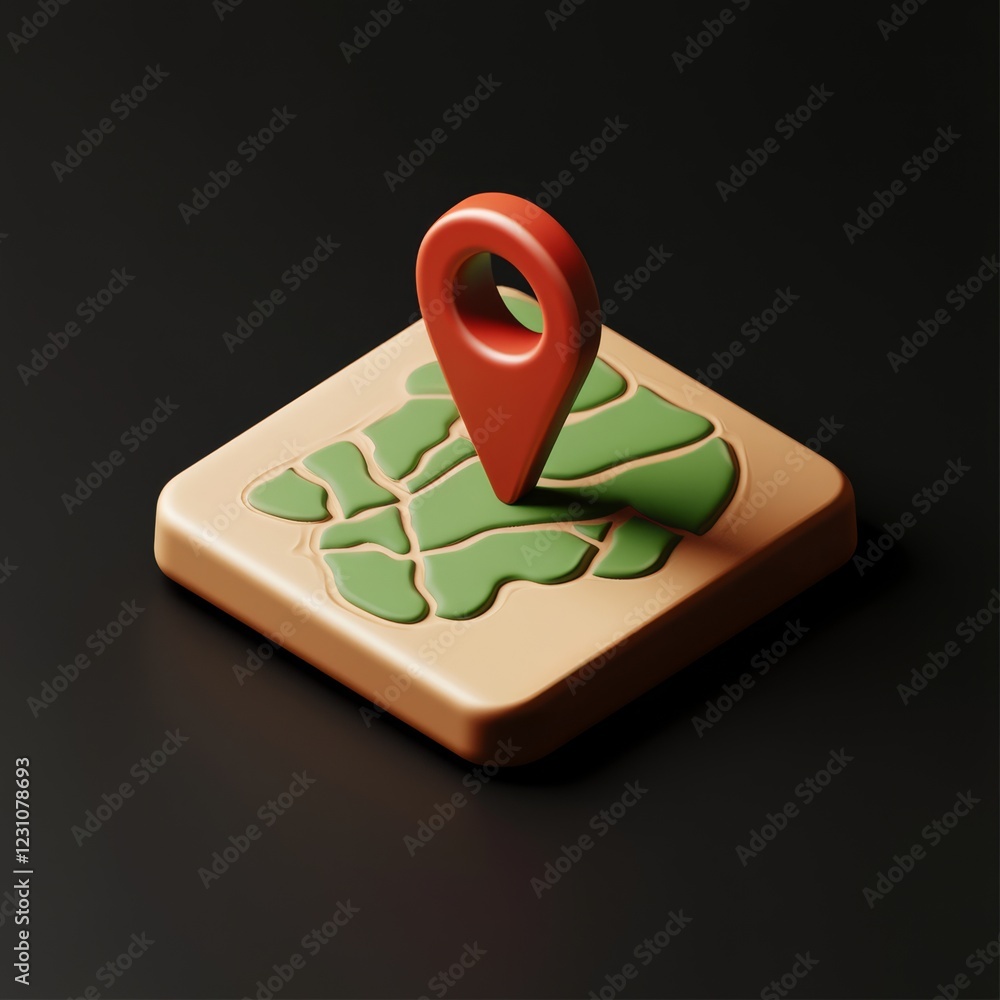 Poster isometric 3d render of a location pin on a map.