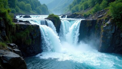 Fototapeta premium Turbulent water rushes down steep gorge walls, water, waterfall