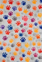 Pattern of colorful dog paw prints on a light grey background, seamless, paw prints, texture