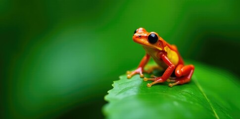 Obraz premium A small red and yellow frog sits on the top of a lush green leaf, wildlife, rainforest, green