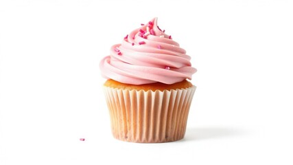 Pink cupcake with swirls of pink frosting and sprinkles, isolated on a clean white background, elegant, vanilla, bakery