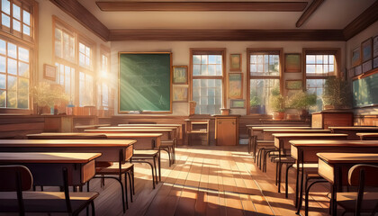 Fototapeta premium アニメ・漫画風の古い木造の校舎 太陽の光・日差しが差し込む誰もいない学校の教室 並んだ机と椅子 正面の黒板 懐かしい雰囲気 教育・勉強・学習の背景