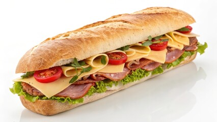 A delicious and appetizing long sub sandwich filled with savory meats, melty cheese, and fresh vegetables on a crusty baguette