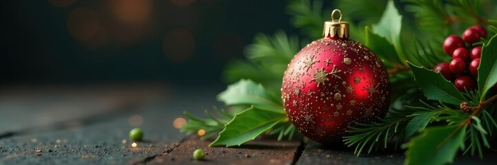A sprig of holly wrapped around a Christmas ornament, festive, greenery