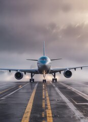 plane taking off from runway in foggy weather with misty surroundings, airport, flight
