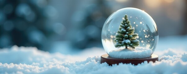A tiny fir tree is nestled within a snow globe filled with soft white snow and delicate frost, small fir tree, wintry scenery