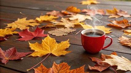 Aromatic Autumn Beverage Warm Drink Surrounded by Colorful Fall Foliage on Wooden Surface