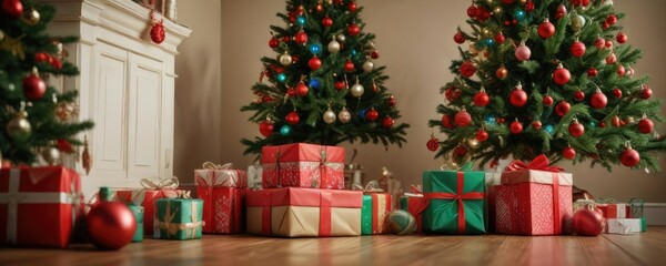 Presents stacked high on the floor around a small Christmas tree with red and green ornaments , festive, holiday season