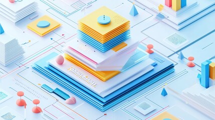 Abstract Data Visualization: Isometric 3D Render of Colorful Geometric Shapes and Layers Representing Information Flow and Data Processing