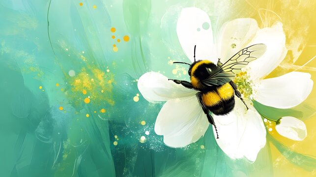 A bumblebee hovering over a white flower, captured in detail - Powered by Adobe