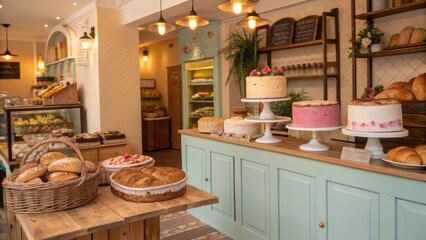 A charming bakery interior showcasing freshly baked breads and cakes on display