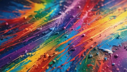 Rainbow hues splattered across a colorful and textured canvas in an abstract art piece, unique painting, rainbow hues