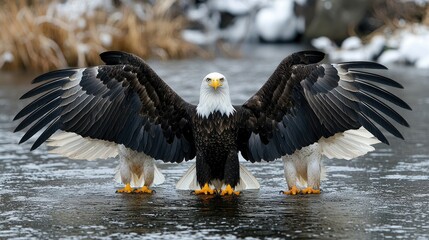 Fototapeta premium Majestic Bald Eagle Displaying Wings on Ice