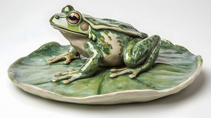 Fototapeta premium A frog sitting on a lily pad, with a plain white backdrop