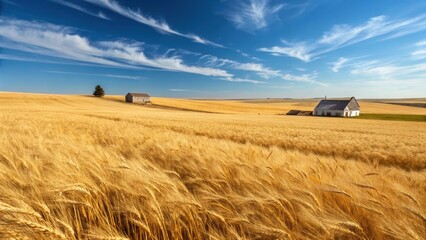 Fototapeta premium Golden Wheat Field with Rustic Farm Structures Under a Vivid Sky