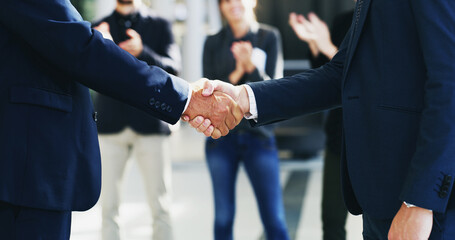 Business people, clapping and handshake for merger in office, negotiation success and acquisition....