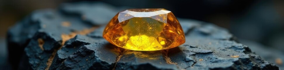 Dark rough cut yellow topaz with veining on black rock, rough cut, veining