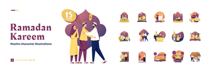 Set of Muslim illustration scenes celebrating islamic ramadan tradition