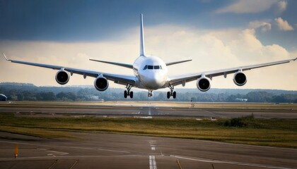 An airplane is approaching the runway for landing beneath a cloudy sky at a bustling airport during the late afternoon hours