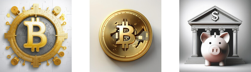 Image depicts cryptocurrency, gold coin, and a piggy bank inside a bank building, representing financial choices and investment.