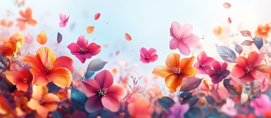 Colorful flowers bloom, petals fall, soft background, spring design