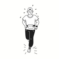 Young man jogging in casual attire linear icon. Sweaty sportsman running to prepare for racing doodle character doodle thin line illustration