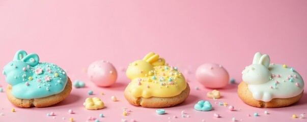 Delicate iced Easter cookies on pink background, , baking, pastel colors