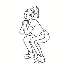 Young woman performs squats during fitness workout linear icon. Female athlete improves body shape doodle character thin line illustration