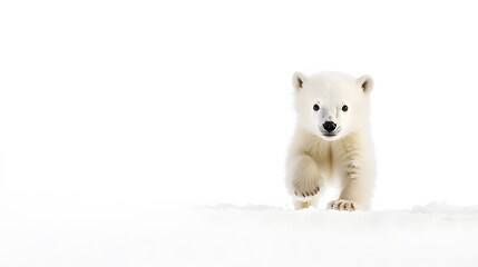 A polar bear cub exploring snow, with an empty white background